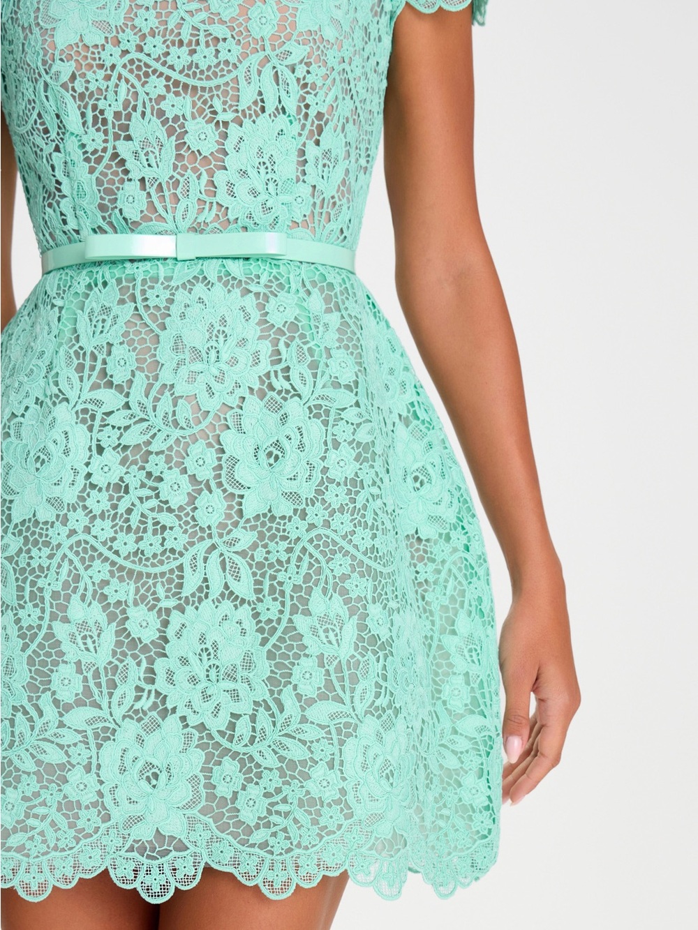 Used once 3 hours only Mint Lace High-Neck Fit &Mini Dress DRY CLEANED! - Picture 2 of 4